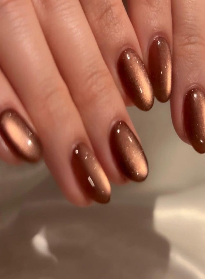KQueenest Cat Eye Press on Nails Short Oval, 30 Pcs Light Brown Fake Nails Extra Short Round, Glitter Glass Glue on Nails Almond, Reusable Shiny Chrome False Nails for Women Fall Winter, Small Sizes - Image 1